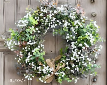 Corona de puerta de eucalipto y gypsophila, corona de puerta de primavera y verano, corona de toda la temporada, corona de Navidad hecha a mano, decoración de pared, regalo para ella