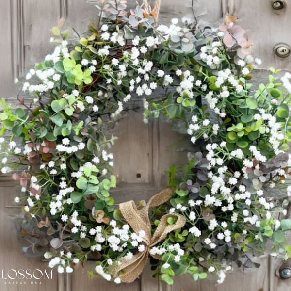 Eucalyptus & gypsophila door wreath, Spring summer door wreath, All season wreath, Handmade Christmas wreath, Wall decor, Gift for her