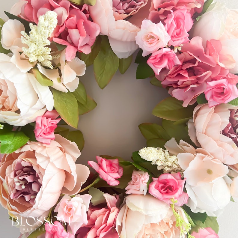 Couronne de pivoines roses pour porte d'entrée, couronne de porte printemps été, couronne de printemps faite main, couronne extérieure de pivoines artificielles, décoration de mariage image 2