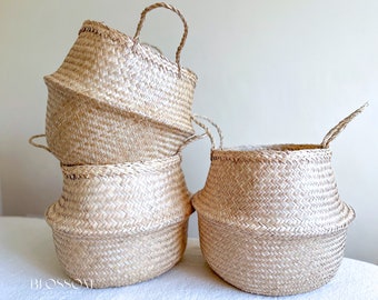 XL Plain seagrass belly baskets, Plant woven baskets, Eco wicker basket with handles, Hanging stotage basket, Housewarming gift, Toy storage