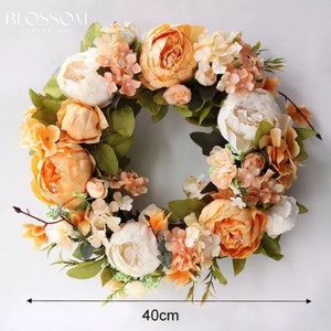 Couronne de pivoines roses pour porte d'entrée, couronne de porte printemps été, couronne de printemps faite main, couronne extérieure de pivoines artificielles, décoration de mariage Orange and white