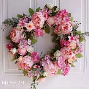 Couronne de pivoines roses pour porte d'entrée, couronne de porte printemps été, couronne de printemps faite main, couronne extérieure de pivoines artificielles, décoration de mariage Pink peony