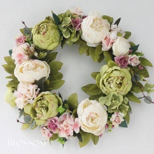 Couronne de pivoines roses pour porte d'entrée, couronne de porte printemps été, couronne de printemps faite main, couronne extérieure de pivoines artificielles, décoration de mariage White & green