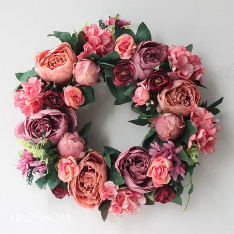 Pink peony wreath for front door, Spring summer door wreath, Handmade spring wreath, Artificial peony outdoor wreath, Wedding decor Vintage red