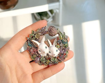 Easter Rabbit Garland Brooch - Colorful Crystal & Enamel Pin for Special Occasions