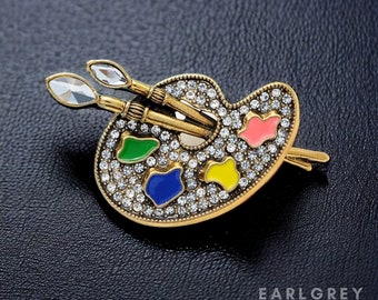 Creative Accessory for Art Lovers - Unique Bejeweled Painter Palette Pin with Sparkling Accents