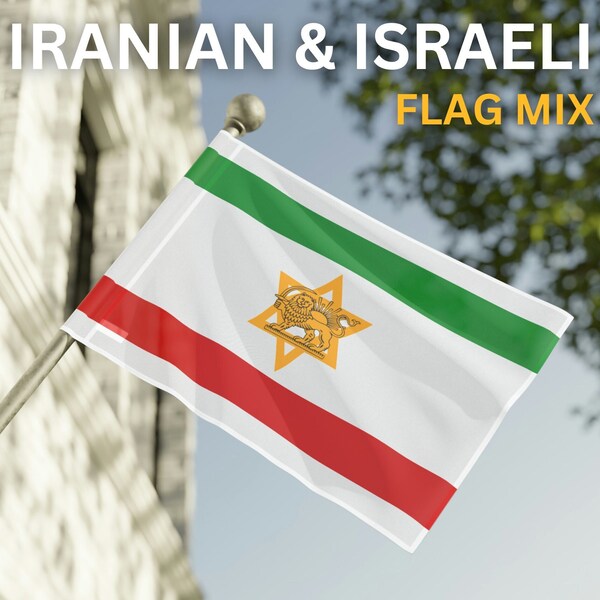 Iraanse en Israëlische VLAG MIX, Iran en Israël, ik sta achter Israël, breng ze naar huis, Israël, Iran, Judea