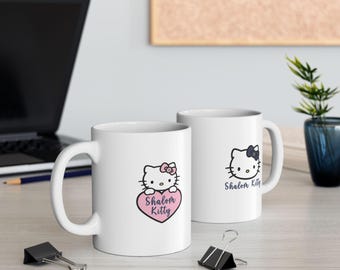Taza de café Shalom Kittie, Hello Kittie, gato judío, regalo judío, taza judía, amantes del café, Israel, judaica, regalo hebreo, frase hebrea,