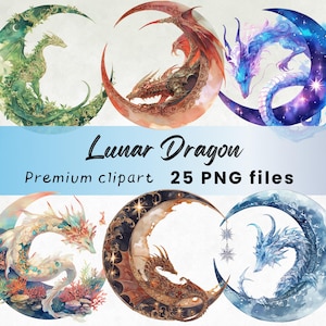 Elementar Monddrache Clipart, magisch, Märchen, mystisch, Fantasy PNG, Feuer, Wasser, Lunar, himmlisch, Sofort Download, 300 DPI
