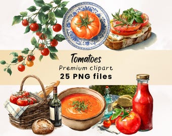 Watercolor Tomato Clipart, Tomatoes PNG, Vegetable Art Printables, Garden, Tomato Illustration, Italian Summer, Cottagecore Clipart