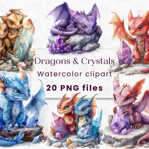 Aquarell niedlicher Drache mit heilenden Kristallen, Witchy Baby Drache Clipart, Fantasy, magische PNG, Amethyst, Wicca Clipart, 300 DPI, Dekor