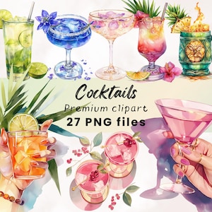 Clipart Cocktail Acquerello, Bevande Estive Acquerello, Menu Bar, Cocktail Art, Cocktail di Nozze PNG, Clipart Estivo, Invito Cocktail Party