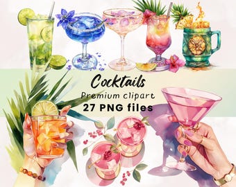 Watercolor Cocktail Clipart, Watercolor Summer Drinks, Bar Menu, Cocktail Art, Wedding Cocktail PNG, Summer Clipart, Cocktail Party Invite