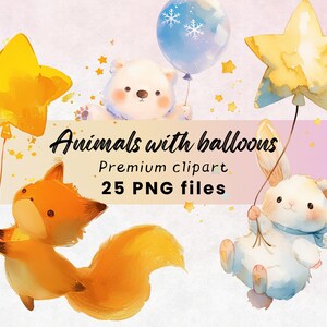 Aquarela Cute Animal Clipart Clipart, Bebê Animal com Balão, Raposa, Chá de Bebê PNG, Arte de Berçário, Imprimível, Download Digital, 300 DPI