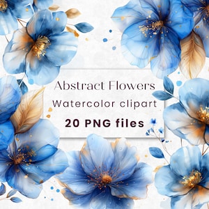 Imágenes prediseñadas de flores abstractas de acuarela, azul y dorado, Boho Chic, flores marinas, PNG floral de boda, imprimible, uso comercial, 300 DPI