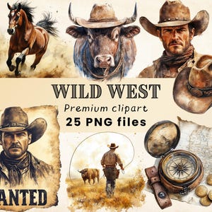 Clipart del oeste en acuarela, clipart de caballos, PNG del oeste, rancho de caballos de Texas, impresión vintage del oeste, arte del salvaje oeste, clipart de vaqueros, rodeo