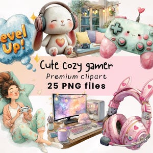 Gemütlicher Gamer Clipart, Gaming Clipart, süßes Gaming, PNG Gamer, Spielezimmer Dekor, Girly, Game Controller PNG, Planer Bilder, Scrapbook