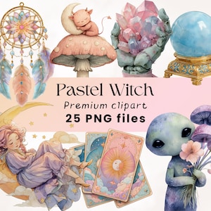Pastel Witch Clipart, Wiccan Clipart, Occult Witch Clipart, Pastel Goth, Witch Art Print, Witchcraft, Digital Stickers, Scrapbook Journal