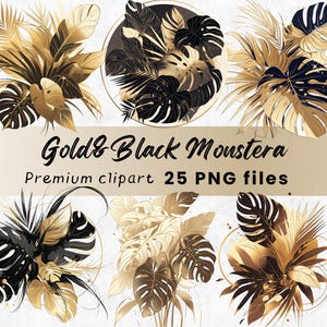 Imágenes prediseñadas de hojas tropicales, hojas de monstera, dorado y negro, estilo bohemio botánico, PNG floral, follaje dorado, imprimibles, descarga digital, 300 DPI