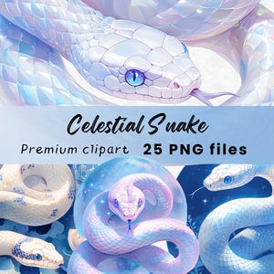 Aquarelle serpents Clipart, serpent blanc céleste, nouvel an lunaire, reptiles, sorcières PNG, illustration, impression d'art, téléchargement numérique, 300 ppp