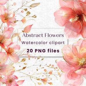 Acuarela Boho Flor rosa polvorienta, rosa y dorado, Boho Chic, flores abstractas, PNG floral de boda, imprimible, uso comercial, 300 DPI