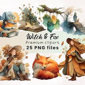Sorcière avec des cliparts renard, Wicca Clipart, clipart sorcière, sorcière verte, impression sorcière, clipart sorcière, forêt enchantée, païen, Witchcore PNG