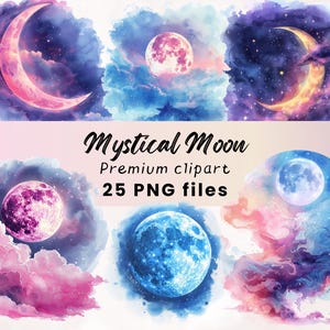 Clipart mystieke maan, Wicca clipart, heks clipart, maan PNG, hemelse afdrukbare, maanstanden, wassende maan, volle maan kunst, maankunst