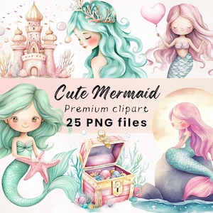 Clipart sirène aquarelle, Art d'anniversaire de sirène, Invitation de sirène, Shower de bébé, queue de sirène PNG, Clipart fantaisie enfants, chambre d'enfant