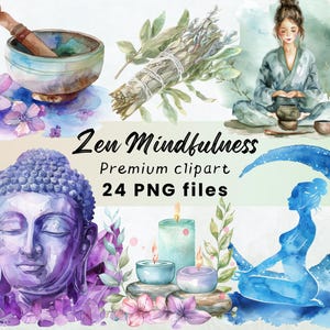 Aquarel yoga clipart, mindfulness zen graphics, sound energy healing, serene rituelen clipart, meditatie png, mentale zelfzorg, 300 DPI