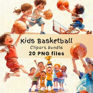 Clipart de basket-ball pour enfants, aquarelle enfants jouant au basket-ball, famille, chambre d'enfants, sport, amusement, retour à l'école, anniversaire de basket-ball, 300 DPI