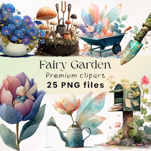 Imágenes prediseñadas de jardín de hadas, jardín encantado, hongo de hadas, imágenes prediseñadas de jardinería, herramientas de jardinería, imágenes de álbumes de recortes, diario basura, botánica, verano