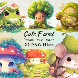 Kawaii mosbos clipart, schattige chibi-muis, paddestoel, grillige fantasie, bemoste boom png, afdrukbaar, papierkunst, digitale download
