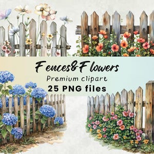 Clipart de cercas de madeira em aquarela, clipart de jardim cottagecore, floral de primavera e verão, imagens de natureza de flores, clipart de chalé, PNG, 300 DPI