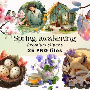 Clipart réveil du printemps, impressions clipart printemps, clipart Cottagecore, jardin des cliparts, animaux de la forêt, impressions printanières, clipart botanique
