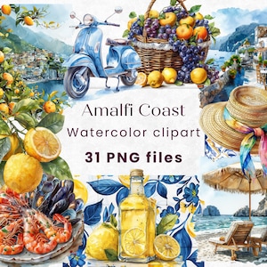 Clipart de aquarela da Costa Amalfitana, Itália PNG, Verão Mediterrâneo, Limão, Estilo de vida de viagem italiano, Dolce Vita, Uso comercial, Vespa 300 DPI