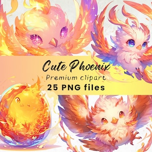 Joli clipart Phoenix, personnage Chibi PNG, animaux fantastiques lunatiques, chambre d'enfant, imprimable Kawaii, créations en papier, sublimation, téléchargement numérique
