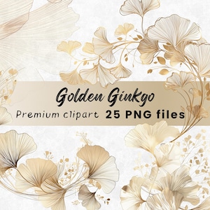 Aquarell Ginkgo Blatt Clipart, Gold Linie Kunst, Boho Botanische PNG, Japanisches Laub, Florale Printables, Sofort Download, 300 DPI