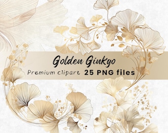 Watercolor Ginkgo Leaf Clipart, Gold Line Art, Boho Botanical PNG, Japanese Foliage, Floral Printables, Instant Download, 300 DPI
