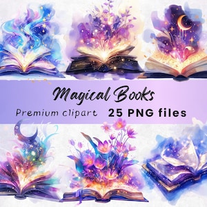 Watercolor Magical Books Clipart, Fantasy Book Lover, Witch Spell, Wizard PNG, Magic, library clipart, Printable, Instant Download, 300 DPI