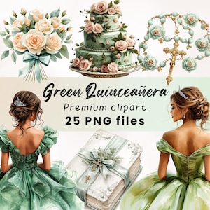 Green Quinceañera Clipart, Green Quince Clipart, Quinceanera Sage Green, Mis Quince, Mis 15 Anos, Digital Quinceanera, Quince Invitations