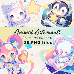 Clipart astronauta - Carino cucciolo di animale PNG, Chibi Kawaii stampabile, Piccolo clipart spaziale, Download digitale, Stampa artistica, Decorazione per la cameretta dei bambini