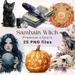 Samhain Witch Clipart, Wiccan Clipart, Celtic Halloween Art Print, Pagan Witchy Journal, Grimoire Images, Wheel of the Year, Gothic PNG