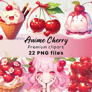 Clipart nourriture kawaii, cerise PNG, dessins animés mignons, art japonais, cerises Sakura, dessert sucré, usage commercial, 300 DPI, téléchargement numérique