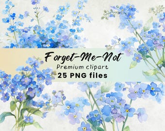 Watercolor Forget Me Not Clipart, Bohemian Floral, Blue Wildflower, Summer Flower PNG, Wedding, Commercial Use, Instant Download, 300 DPI