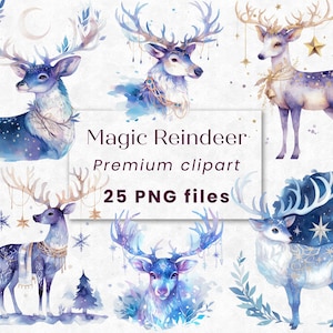 Clipart renne de Noël magique aquarelle, cerf du père Noël, étoile, décoration, hiver PNG, céleste, imprimables, téléchargement immédiat, 300 DPI