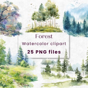 Clipart forêt aquarelle, paysage boisé, image, pin, Nature PNG, usage commercial, téléchargement immédiat, 300 DPI, Nature, été, Éco
