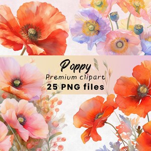 Clipart coquelicot aquarelle - coquelicots PNG, graphiques de fleurs printanières, impression d'art floral pour créations en papier et usage Commercial, téléchargement numérique
