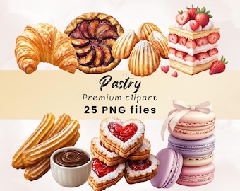 Pastry Clipart, Bakery Clipart, Dessert Clipart, French Pastry, Croissant, Macarons, Puff Pastry, Food Illustration, Patisserie PNG, Cakes