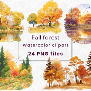 Aquarelle forêt d'automne Clipart, paysage boisé d'automne, arbre, Nature PNG, usage commercial, téléchargement immédiat, 300 DPI, Nature, été, Éco