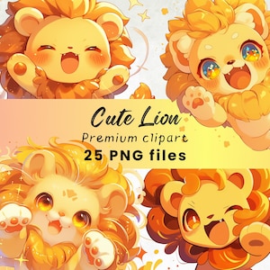 Clipart di un simpatico cucciolo di leone - Animali da safari PNG, Chibi Kawaii, stampa artistica per bambini per lavori di carta e uso commerciale, download digitale